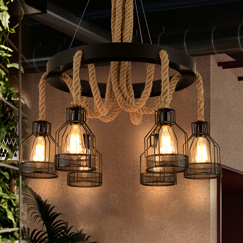 Chandelier Lamp Industrial Cage Metal Hanging Light with Hanging Rope for Dining Room