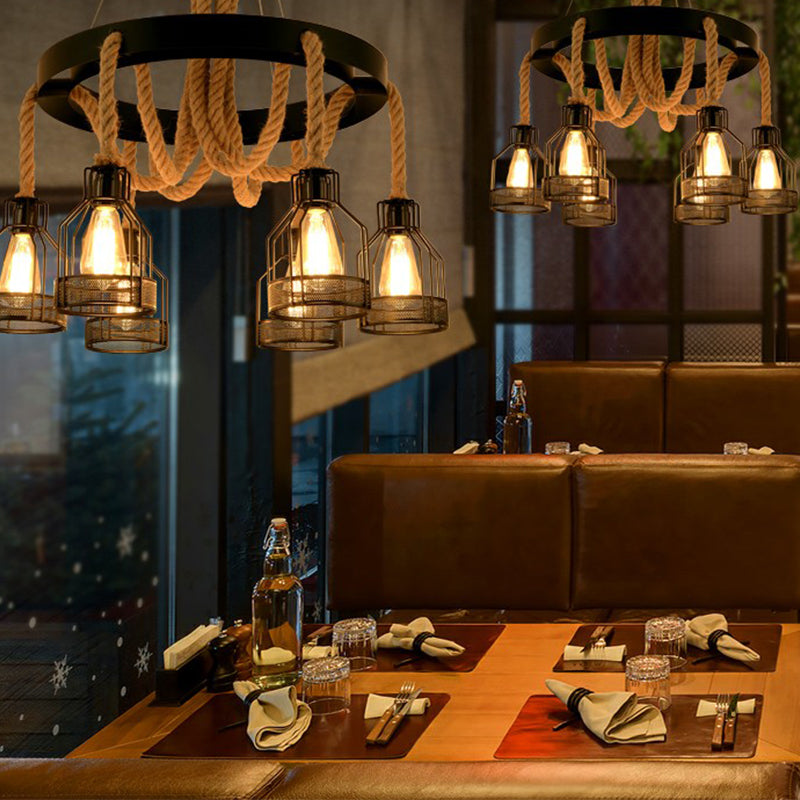 Chandelier Lamp Industrial Cage Metal Hanging Light with Hanging Rope for Dining Room