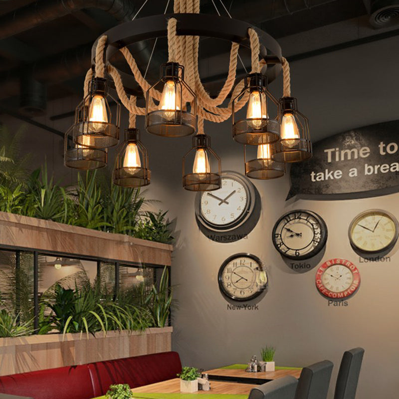 Chandelier Lamp Industrial Cage Metal Hanging Light with Hanging Rope for Dining Room