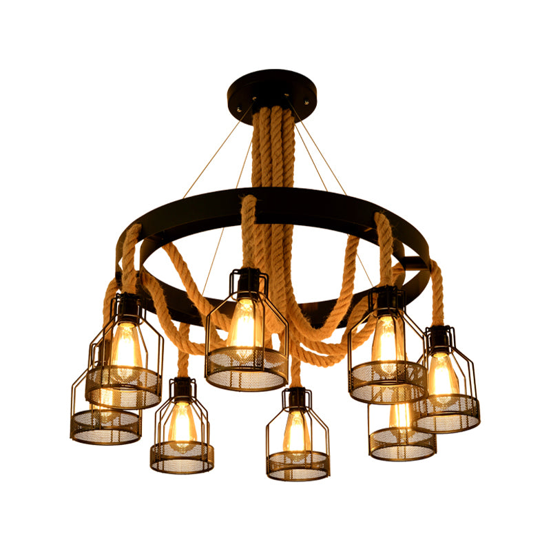 Chandelier Lamp Industrial Cage Metal Hanging Light with Hanging Rope for Dining Room