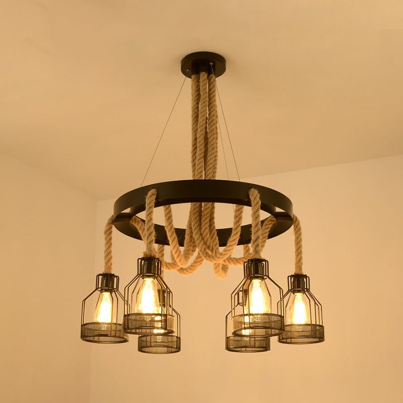 Chandelier Lamp Industrial Cage Metal Hanging Light with Hanging Rope for Dining Room