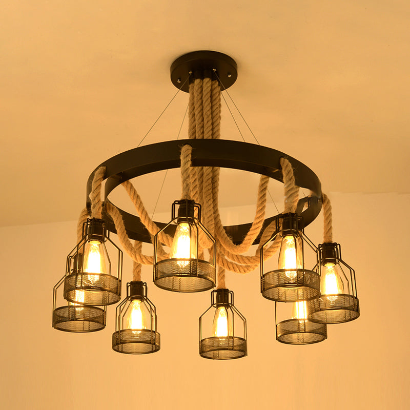 Chandelier Lamp Industrial Cage Metal Hanging Light with Hanging Rope for Dining Room