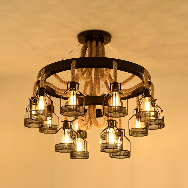 Chandelier Lamp Industrial Cage Metal Hanging Light with Hanging Rope for Dining Room