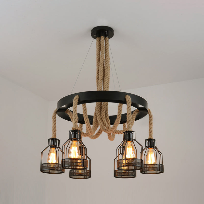 Chandelier Lamp Industrial Cage Metal Hanging Light with Hanging Rope for Dining Room