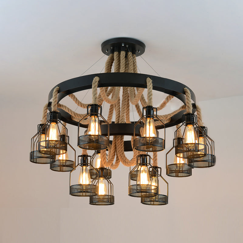 Chandelier Lamp Industrial Cage Metal Hanging Light with Hanging Rope for Dining Room
