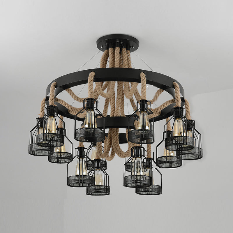 Chandelier Lamp Industrial Cage Metal Hanging Light with Hanging Rope for Dining Room