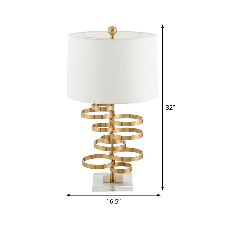 1-Head Bedroom Night Table Light Post-Modern White Metal Nightstand Lamp with Drum Fabric Shade