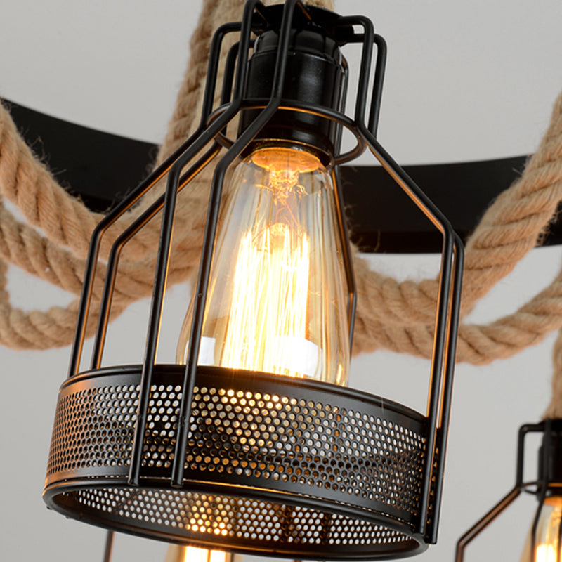 Chandelier Lamp Industrial Cage Metal Hanging Light with Hanging Rope for Dining Room