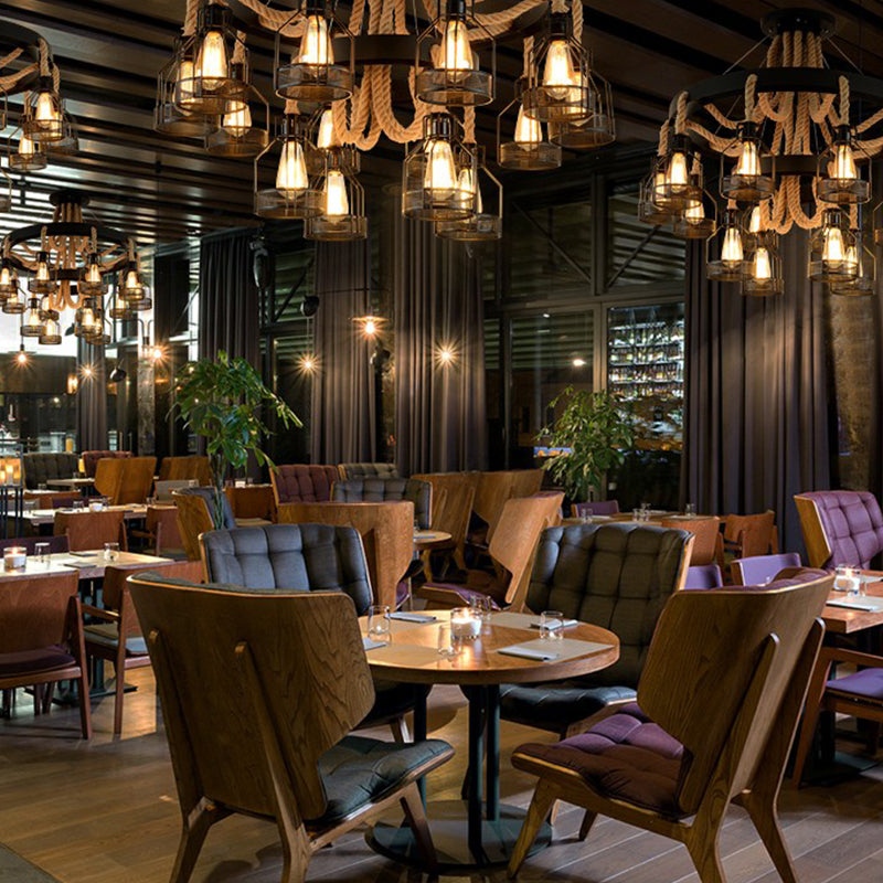 Chandelier Lamp Industrial Cage Metal Hanging Light with Hanging Rope for Dining Room