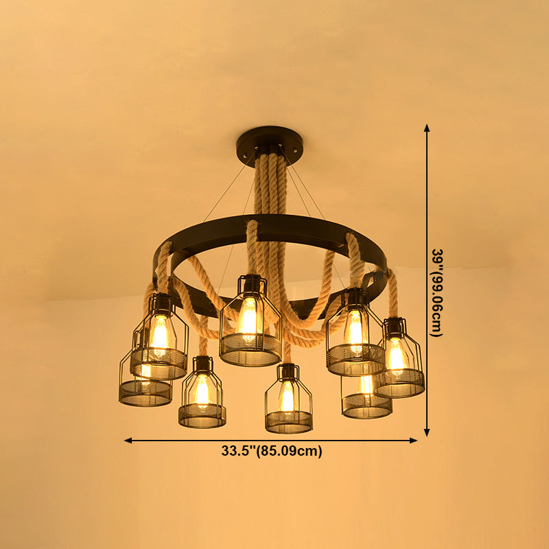 Chandelier Lamp Industrial Cage Metal Hanging Light with Hanging Rope for Dining Room