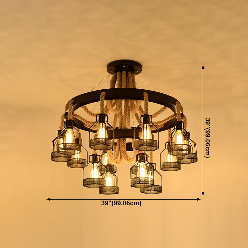 Chandelier Lamp Industrial Cage Metal Hanging Light with Hanging Rope for Dining Room