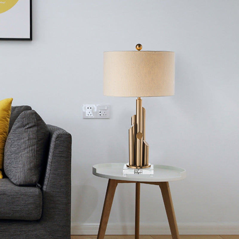 Metal Cylinder Night Light Post-Modern 1-Bulb White Fabric Nightstand Lighting for Living Room