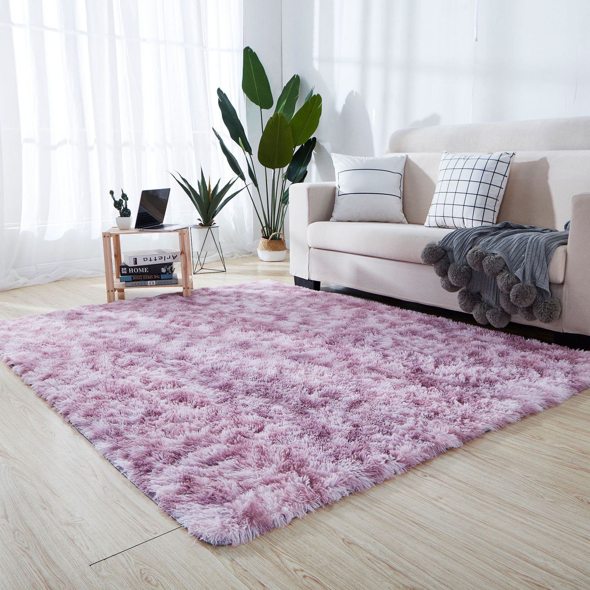 Minimalist Living Room Rug Simple Tie Dye Print Carpet Polyester Shag Rug with Non-Slip Backing