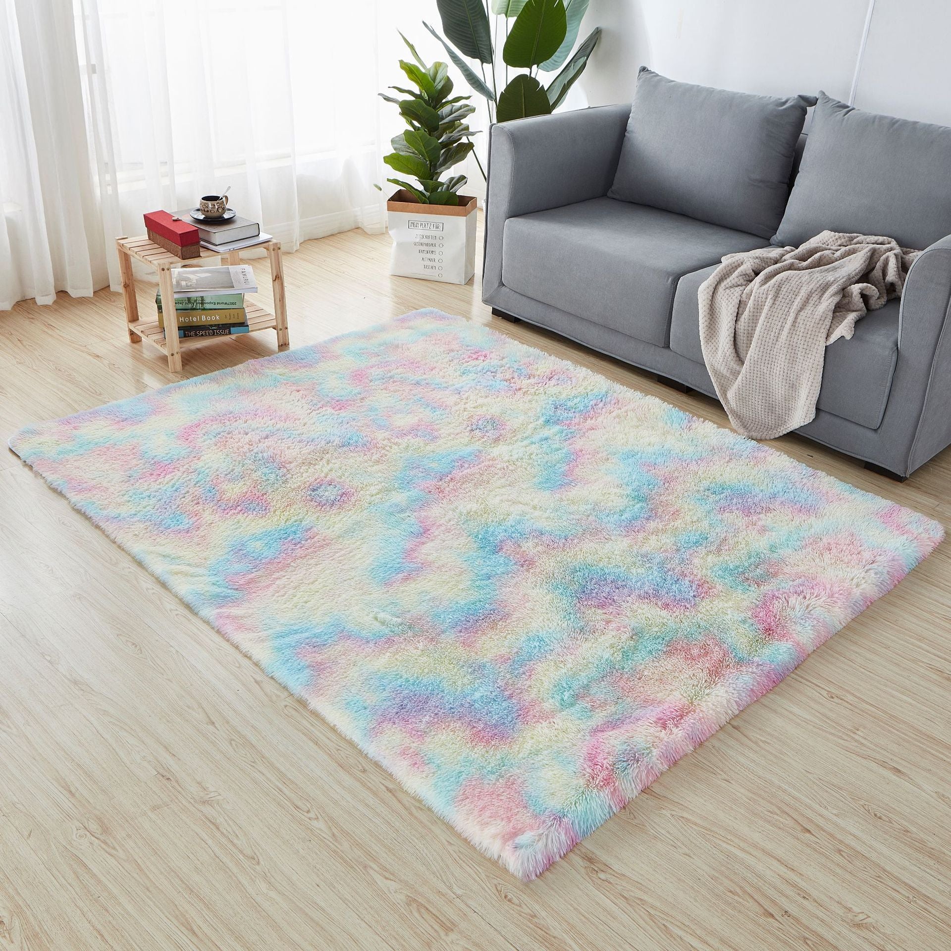Minimalist Living Room Rug Simple Tie Dye Print Carpet Polyester Shag Rug with Non-Slip Backing