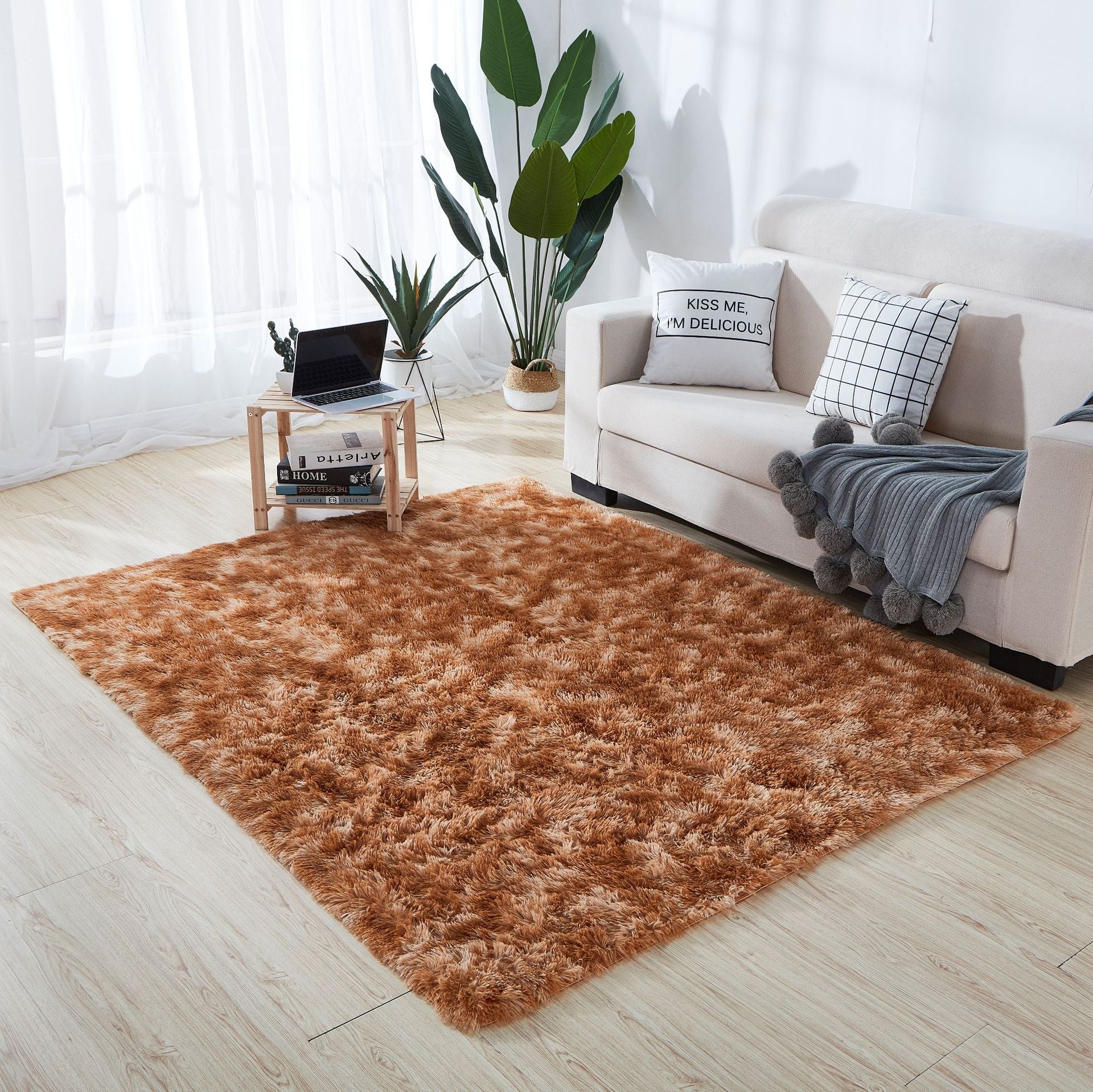 Minimalist Living Room Rug Simple Tie Dye Print Carpet Polyester Shag Rug with Non-Slip Backing