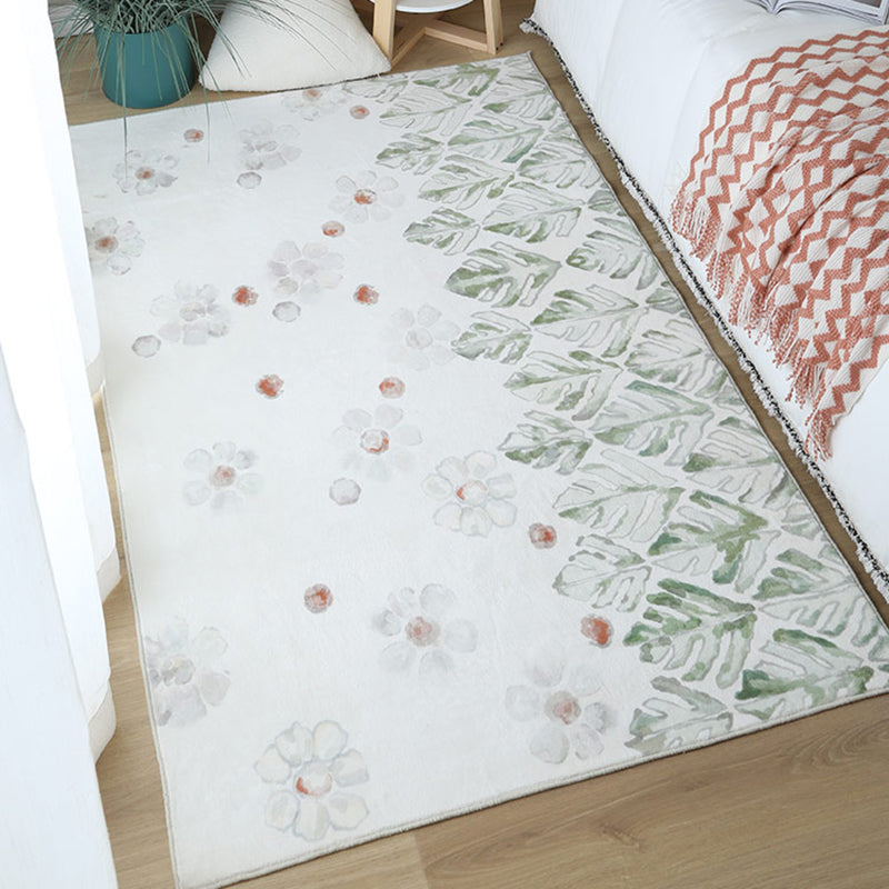 White Floral Print Area Rug Modern Polyester Area Carpet Non-Slip Backing Rug for Living Room