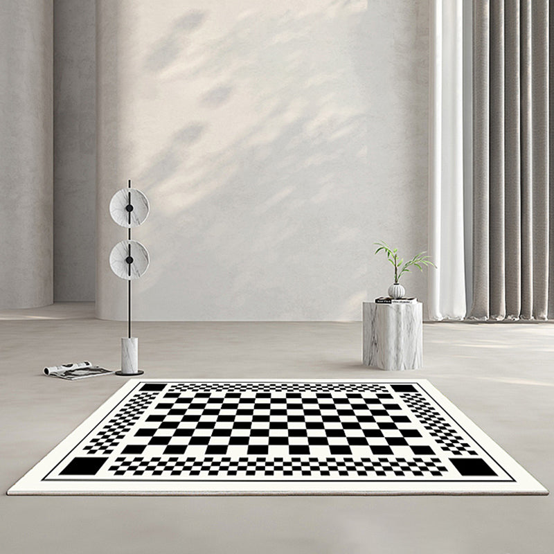 Black Plaid Print Carpet Modern Polyester Area Rug Stain Resistant Rug for Home Decor