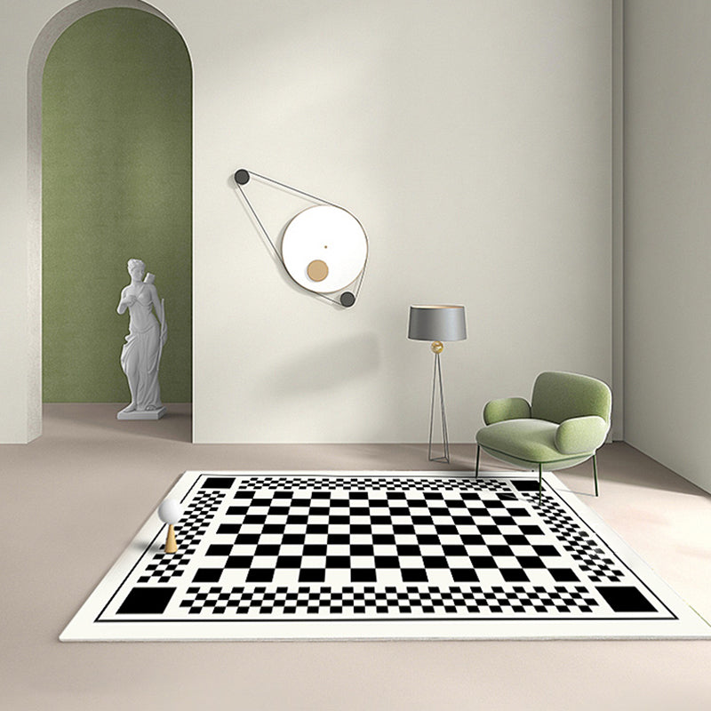 Black Plaid Print Carpet Modern Polyester Area Rug Stain Resistant Rug for Home Decor