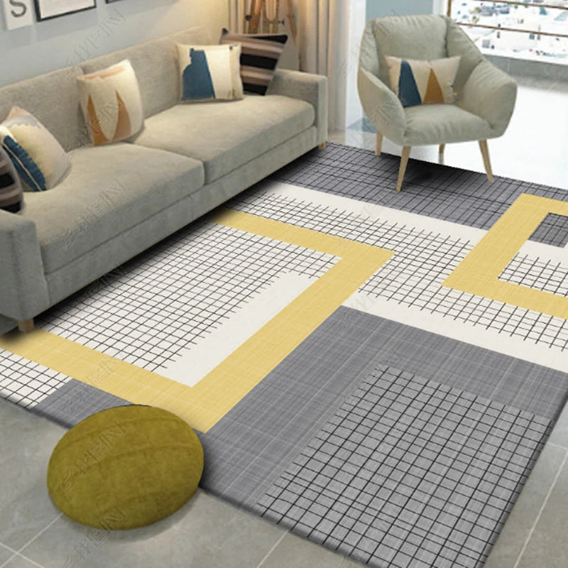 Grey Drawing Room Rug Polyester Geometric Pattern Area Rug Stain Resistant Area Rug
