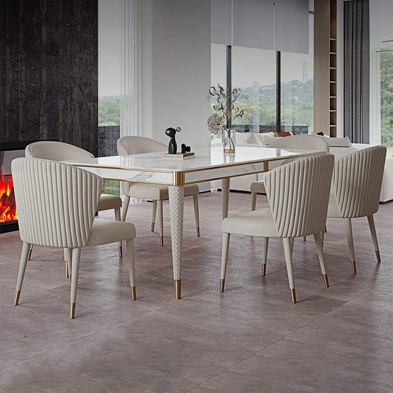 Mesa de comedor medieval moderna de lujo con tapa de piedra sinterizada, mesa rectangular en blanco con 4 patas