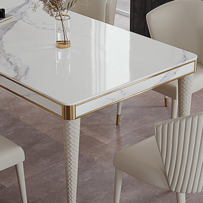 Mesa de comedor medieval moderna de lujo con tapa de piedra sinterizada, mesa rectangular en blanco con 4 patas