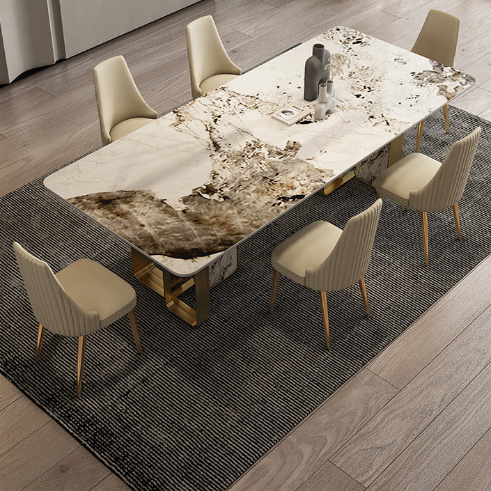 Mesa de comedor de piedra sinterizada de lujo con metal y piedra doble pedestal en oro