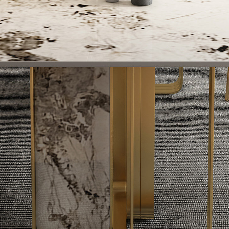 Mesa de comedor de piedra sinterizada de lujo con metal y piedra doble pedestal en oro