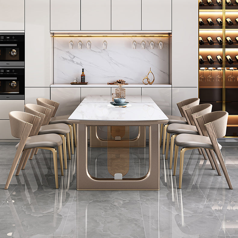 Mesa de comedor de lujo con tapa de piedra sinterizada, mesa rectangular con pedestal doble dorado
