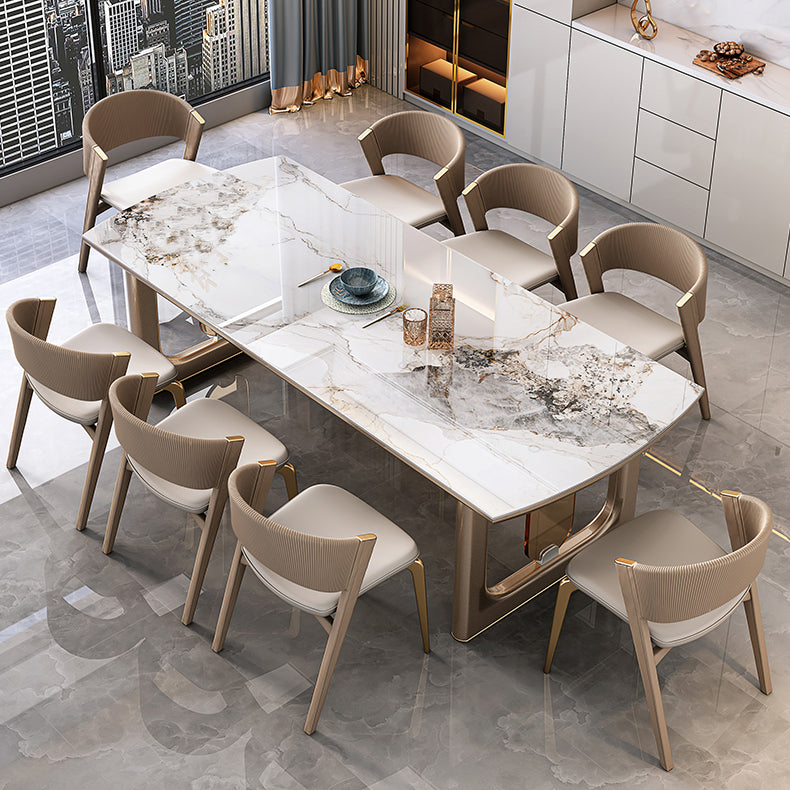Mesa de comedor de lujo con tapa de piedra sinterizada, mesa rectangular con pedestal doble dorado