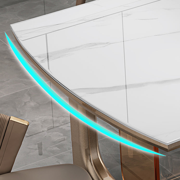 Mesa de comedor de lujo con tapa de piedra sinterizada, mesa rectangular con pedestal doble dorado