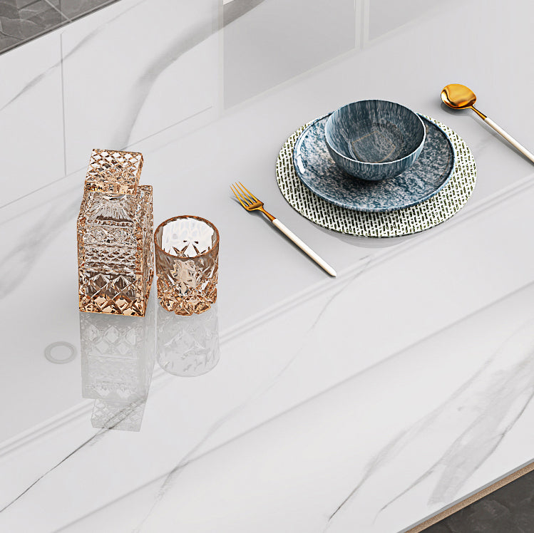 Mesa de comedor de lujo con tapa de piedra sinterizada, mesa rectangular con pedestal doble dorado