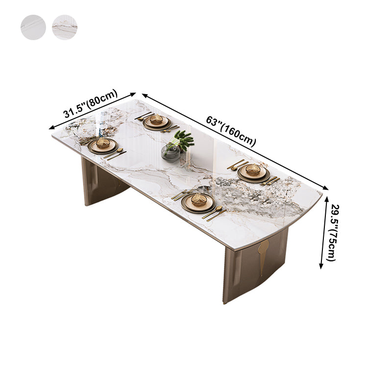 Mesa de comedor de lujo con tapa de piedra sinterizada, mesa rectangular con pedestal doble dorado