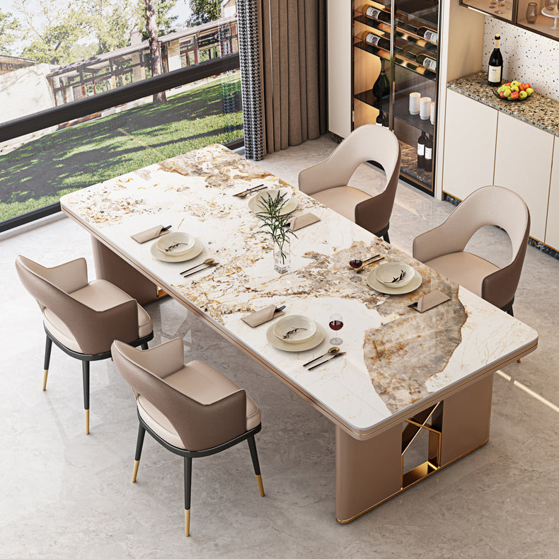 Luxury Sintered Stone Top Dining Table in White Rectangle Table with Double Pedestal