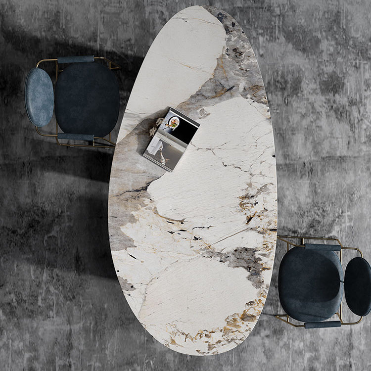 Oval Traditional Luxury Dining Table White Sintered Stone Table with 3 Gold Legs
