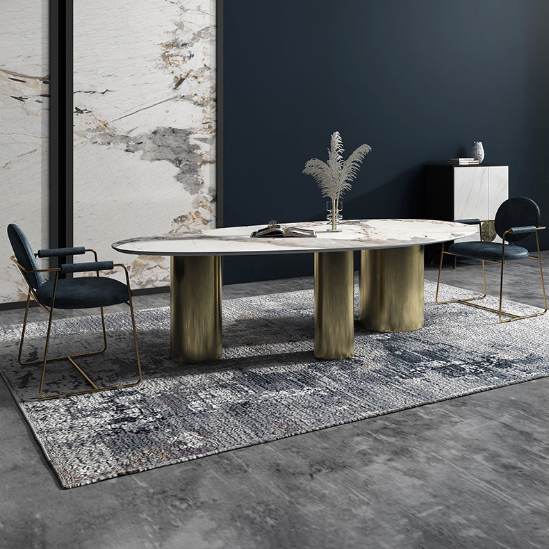 Oval Traditional Luxury Dining Table White Sintered Stone Table with 3 Gold Legs