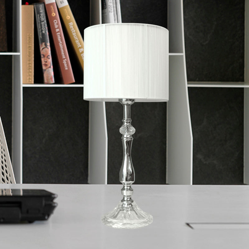 Modernist 1-Head Table Light White Drum Crystal Nightstand Lamp with Fabric Shade