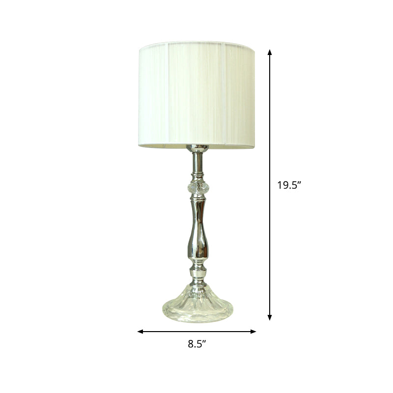 Modernist 1-Head Table Light White Drum Crystal Nightstand Lamp with Fabric Shade