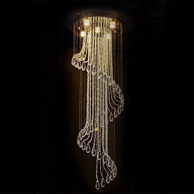 Spiraler Wasserfalltreppe Multi-Pendant zeitgenössischer klarer Kristallkugel 5-Bulb-Federungslampe