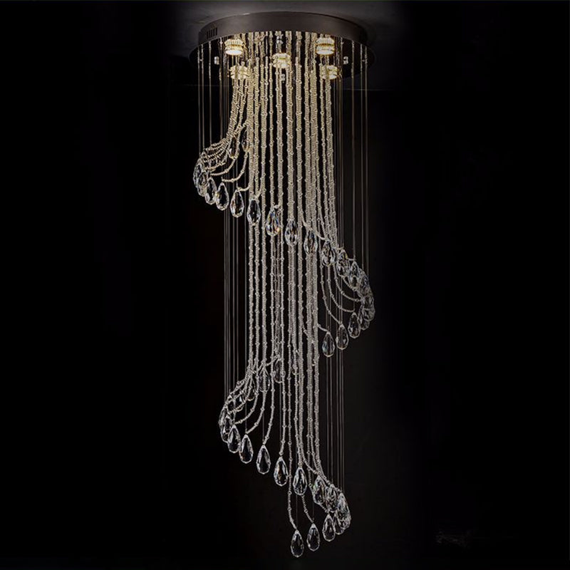 Spiraler Wasserfalltreppe Multi-Pendant zeitgenössischer klarer Kristallkugel 5-Bulb-Federungslampe