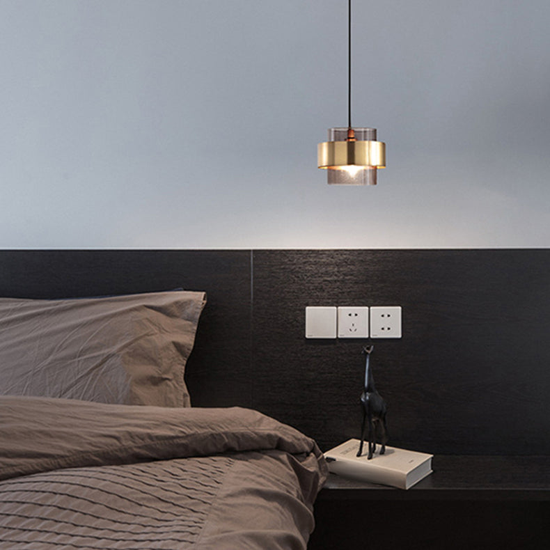 Moderno conciso conciso cilindrico a sospensione a sospensione di ferro da ferro con tonalità di vetro fumato