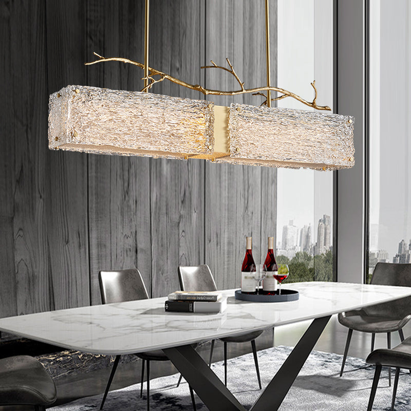 2-Light Island Light Modern Style Rectangular Shape Glass Pendant Lighting in Gold