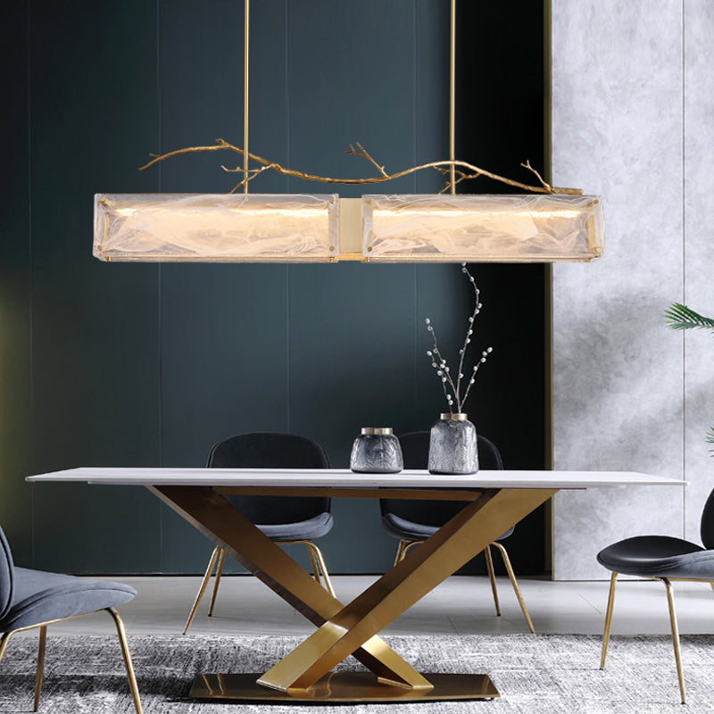 2-Light Island Light Modern Style Rectangular Shape Glass Pendant Lighting in Gold