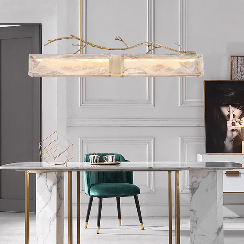 2-Light Island Light Modern Style Rectangular Shape Glass Pendant Lighting in Gold