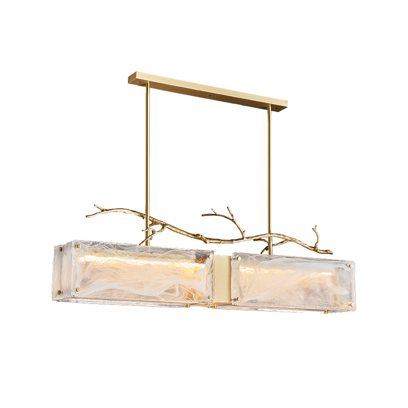 2-Light Island Light Modern Style Rectangular Shape Glass Pendant Lighting in Gold