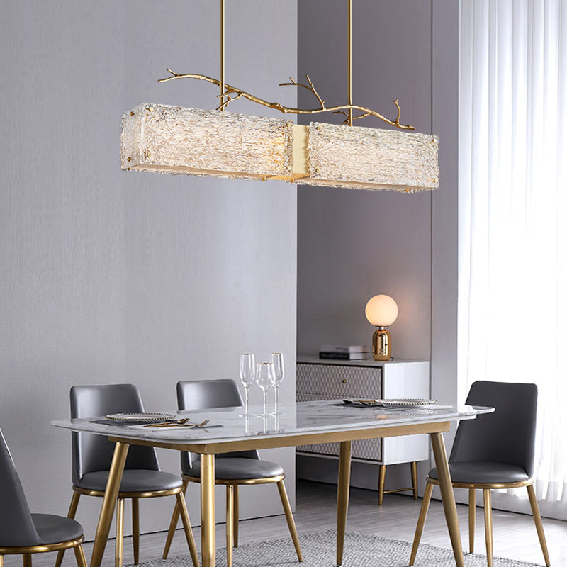 2-Light Island Light Modern Style Rectangular Shape Glass Pendant Lighting in Gold