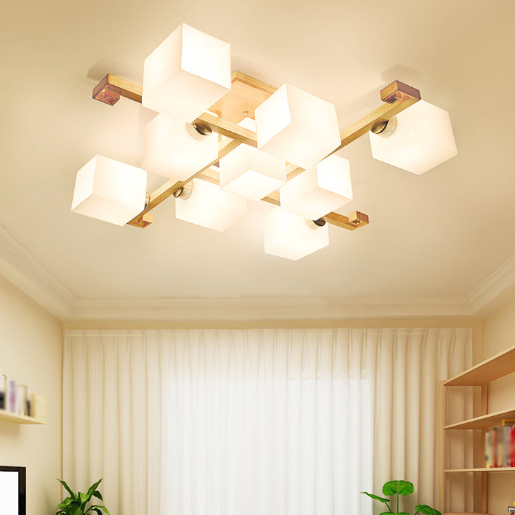 Wooden Geometric Ceiling Fixture in Modern Concise Style Glass Indoor Flush Mount