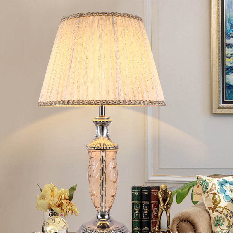 Contemporary 1 Head Task Light Beige Tapered Drum Nightstand Lamp with Fabric Shade