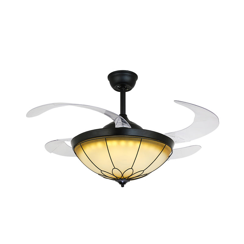 42 "W LED Dome Semi Flush Mount Lampe d'opale noire traditionnelle Black 4 lames Ventilateur de plafond Light pour salle à manger, mur / télécommande