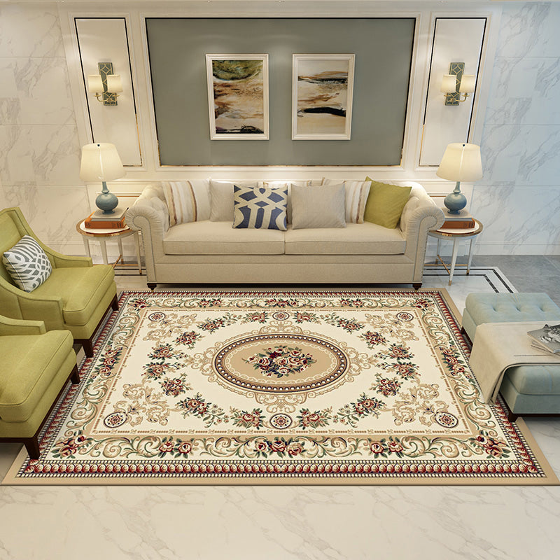 Beige Antique Area Carpet Polyester Medallion Print Area Rug Anti-Slip Area Rug for Drawing Room