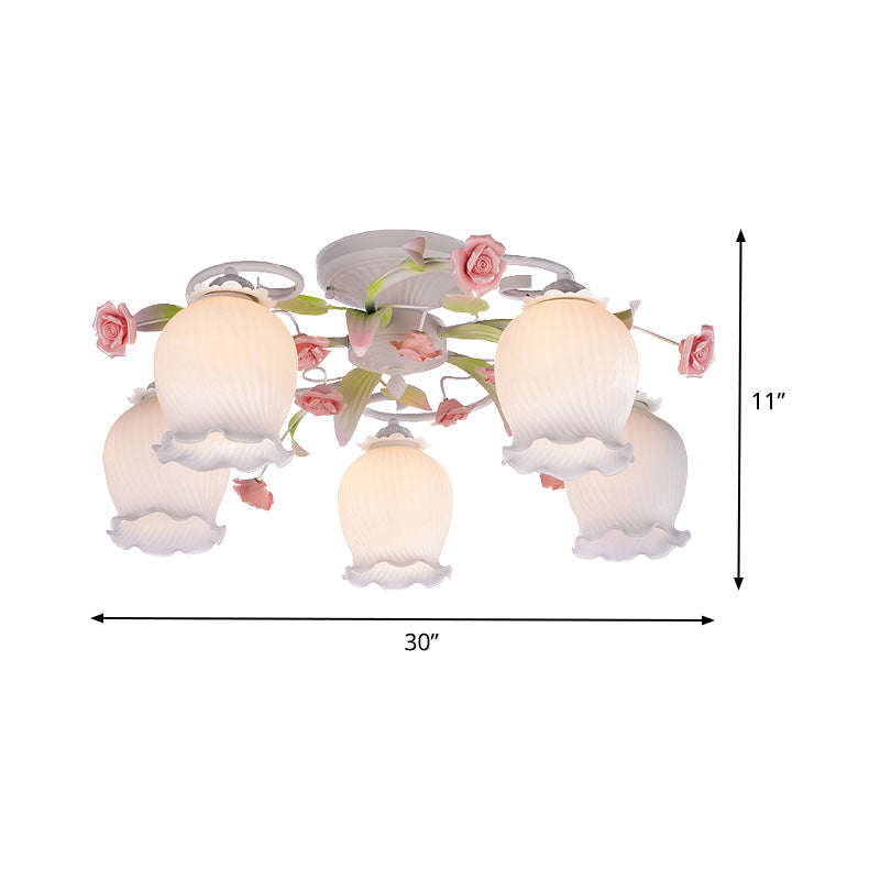 Metal White Techo Accesorio Charlete 5 Bombullitos Flor Pastoral Semi Flush Light para dormitorio